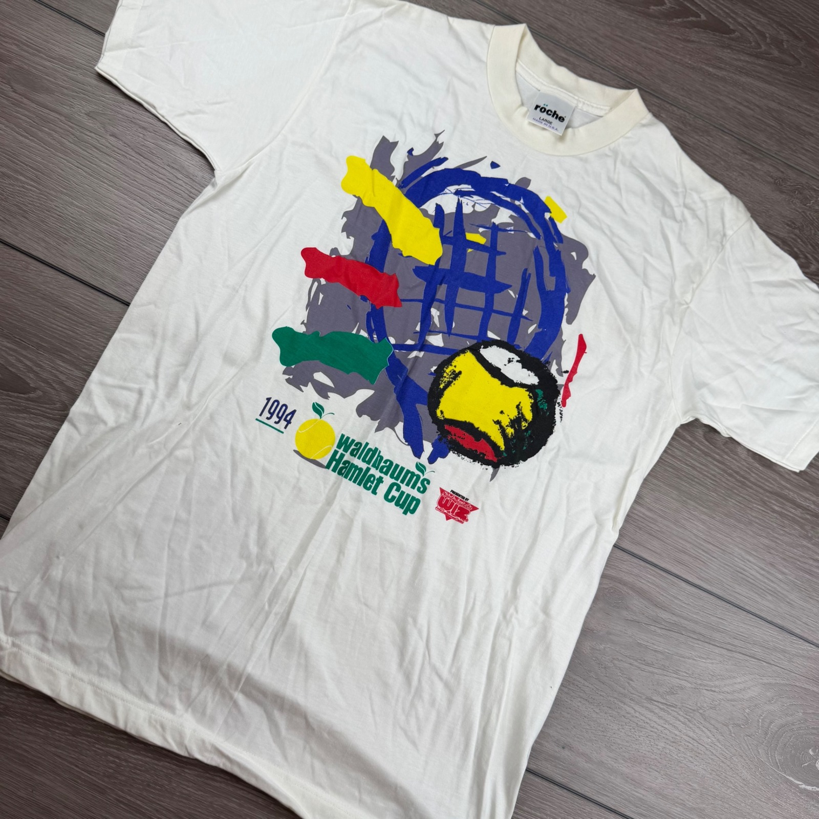Roche Mens TShirt 1994 Waldbaums Hamlet Cup Tennis Graphic White Large